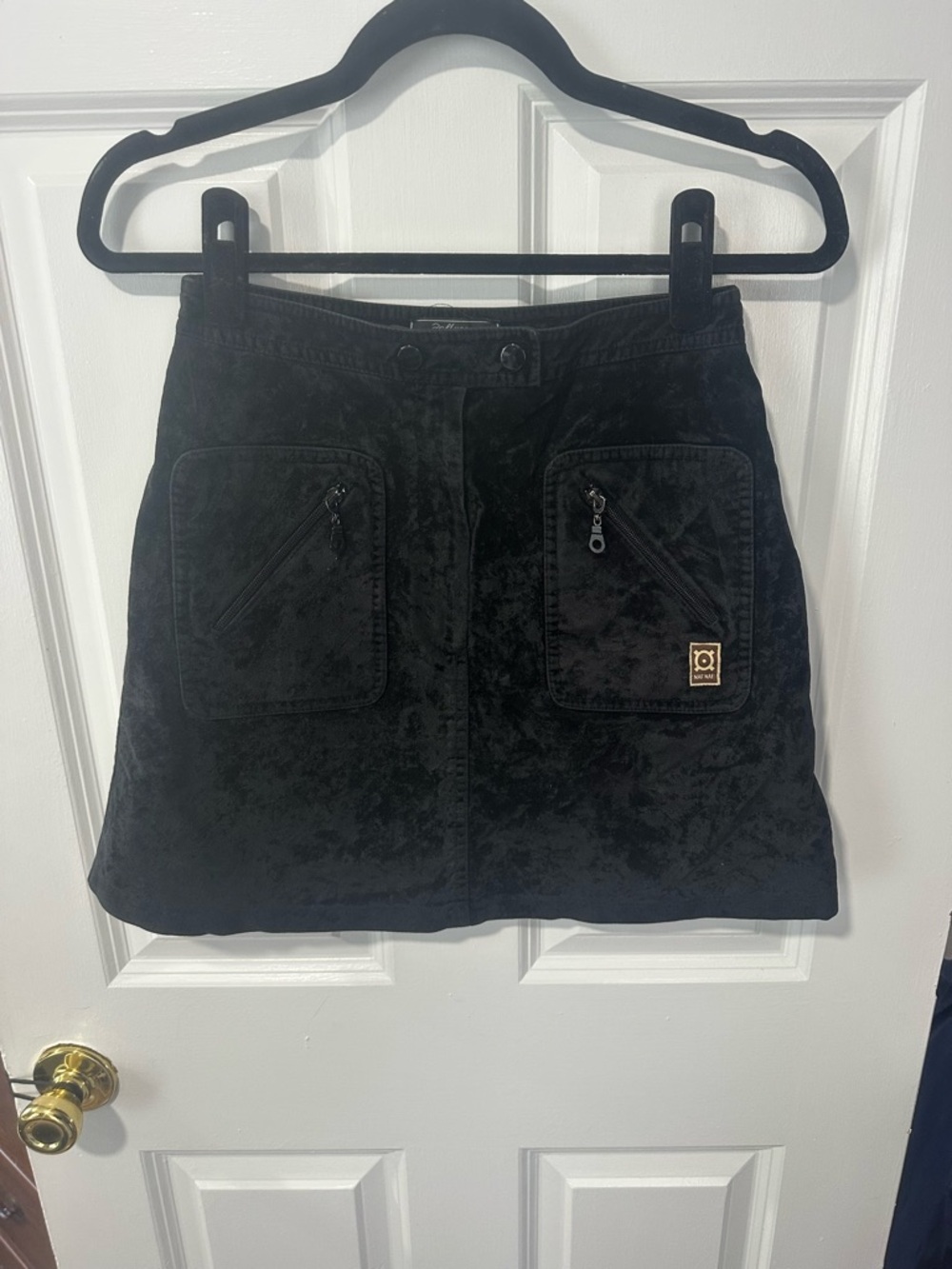 NAF NAF Black Velvet Mini Skirt with Front Zip Pockets